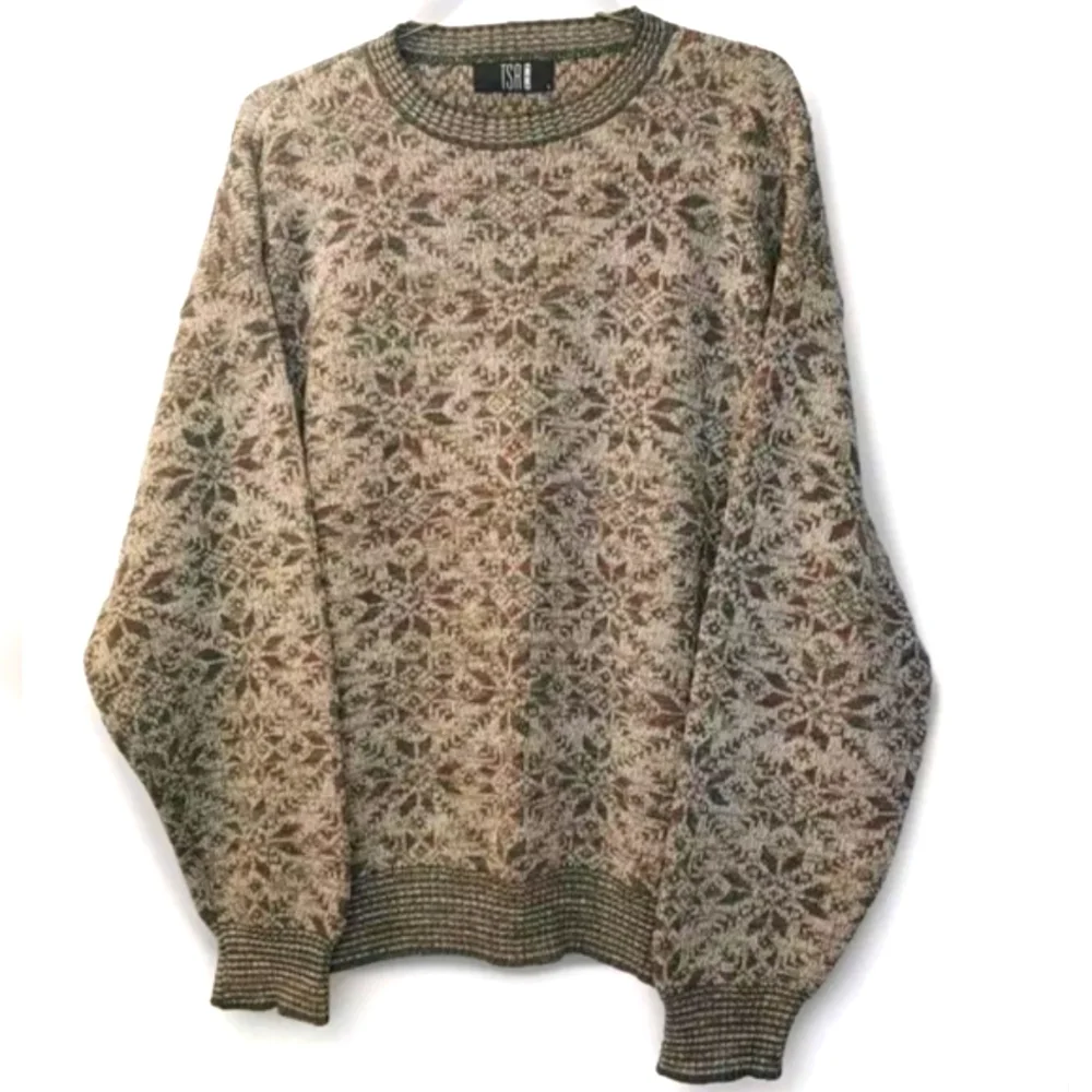 Vtg TSR USA Holiday Sweater Men Large Green Marbled Knit Colorful Ski Geometric